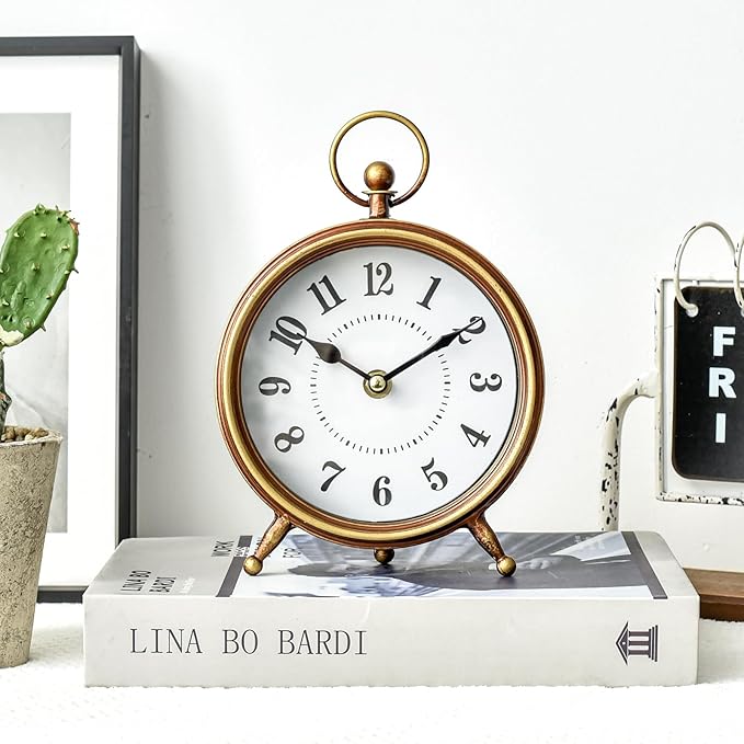MACVAD EMAX Home Vintage Small Table Clock on Stand,Desk and Shelf Clock Decorative Farmhouse Mantel Non-Ticking Clock Rustic Metal Frame with Antique Gold Finish 9.3 Inch…