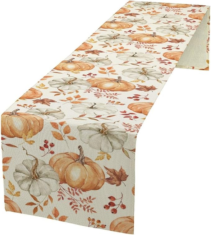 Pumpkin Table Runner Fall Orange White Colorful Leaves Berries Thanksgiving Watercolor Illustration Rustic Decor for Farmhouse Indoor Outdoor Party Holiday Dining Kitchen Restaurant Cafe W13xL90in