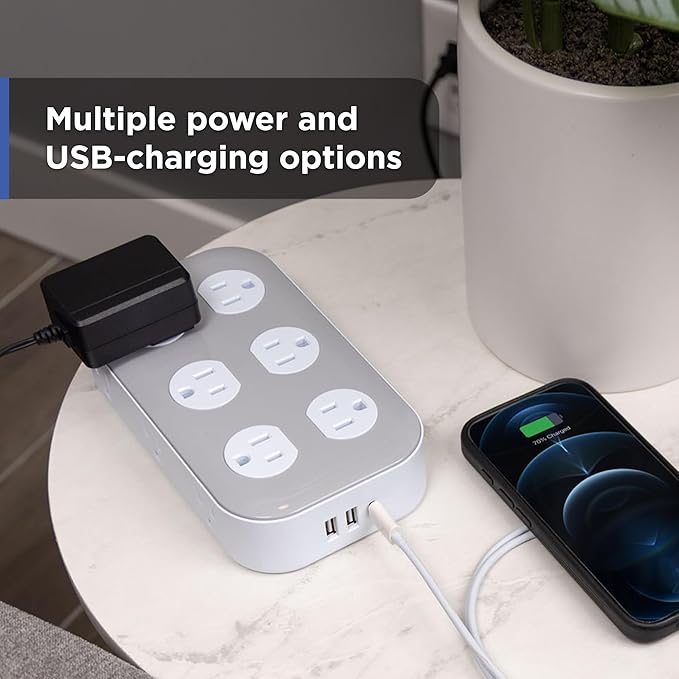 GE 12-Outlet Surge Protector with 6ft Braided Cord, Power Strip, Extension Cord, Flat Plug, 2 USB-A & 1 USB-C Port, 2100 Joules, for Home School & Office, Charging Station, White, 84214