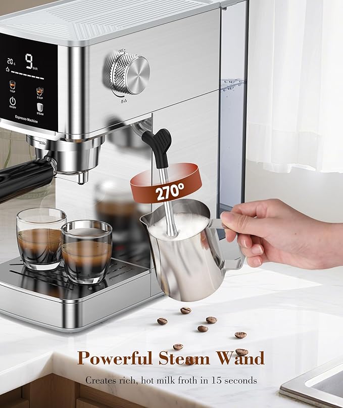 Kndko 20Bar Craft Coffee Machine with Milk Frother, Upgraded 1350W Expresso Coffee Machines with Touchscreen, Stainless Steel Espresso Machine Small for Home - Cappuccino Latte & Americano