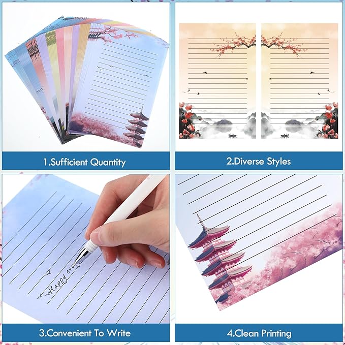 Outus 215 Pcs Japanese Stationary Set Including 70 Japanese Ink Painting Writing Papers 70 Envelopes 75 Round Stickers Watercolor Writing Stationery Paper for Invitations Office School Mail Supplies