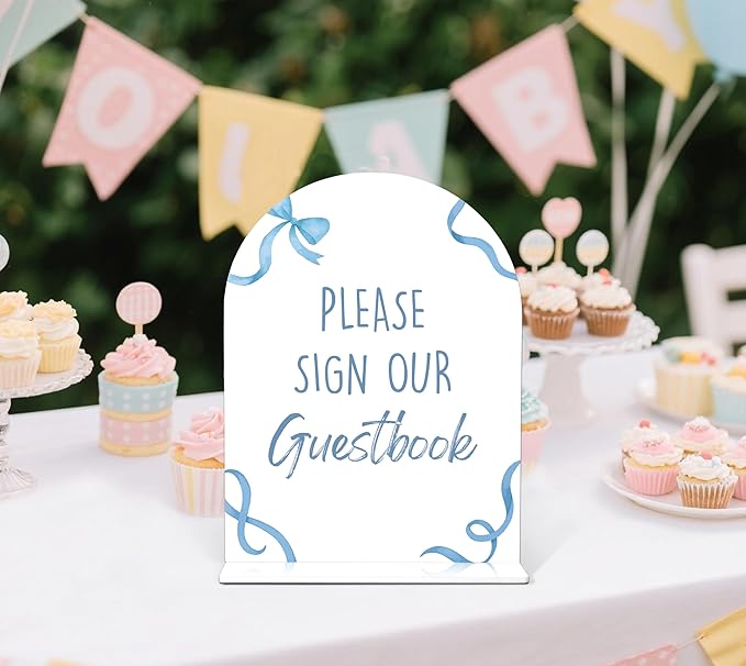 Please Sign Our Guestbook Sign - Blue Bow Baby Shower Sign, 1 Pack Arch Acrylic Sign with Stand, Gender Reveal Party Table Decor, Blue Baby Shower Supplies (SP12)