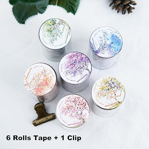 MiyouLuna 6 Rolls Blooming Forest PET Tape Set, 6 Rolls Tree-Themed Tapes with Decorative Clip, Scrapbook and Journal Supplies for DIY Crafts and Collage