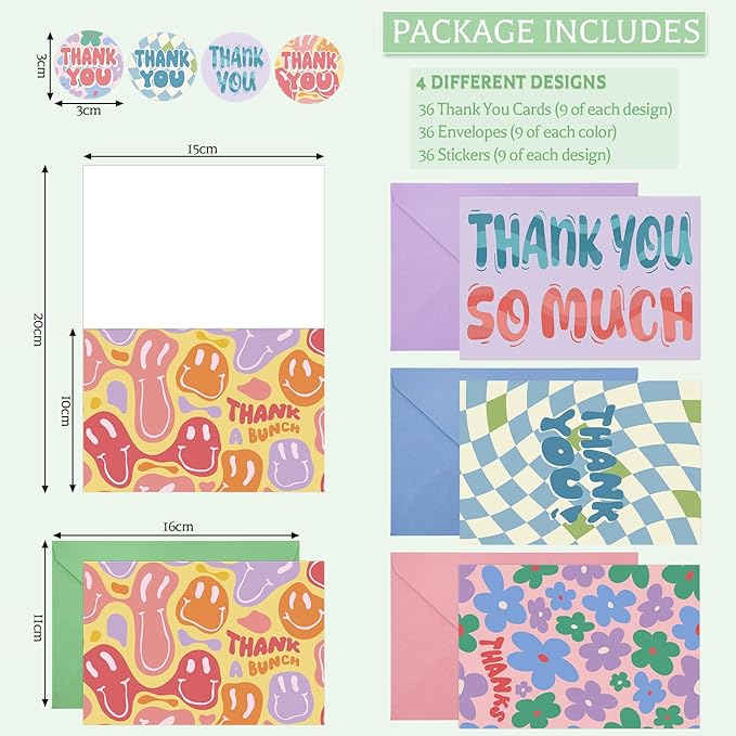 Thboxes 36 Pack Thank You Cards with Envelopes, 4x6 Inch Thank You Cards with Envelopes & Stickers, Cute Greeting Card for Birthday, Wedding, Baby Shower, Bridal Shower, Thanksgiving, Christmas