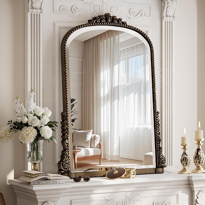 24"×32" Bronze Wide Arched Wall Mirror, Vintage Carving Bathroom Vanity Makeup Mirror, as Wall Decor Hanging Leaning for Fireplace Mantle, Living Room, Bedroom, Vanity Area