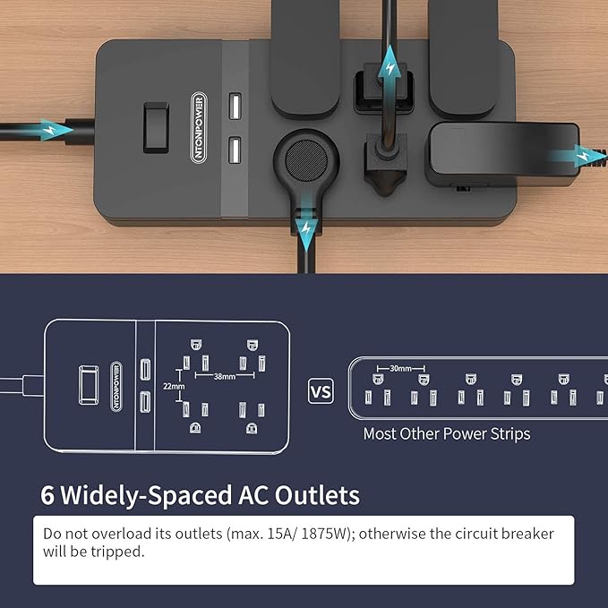 NTONPOWER 25 Ft Extension Cord Flat Plug, Surge Protector Power Strip with 6 Outlets 2 USB, 1875W/15A Circuit Breaker Overload Protection, 1080J, ETL Listed, Wall Mount for Home Office and Workbench