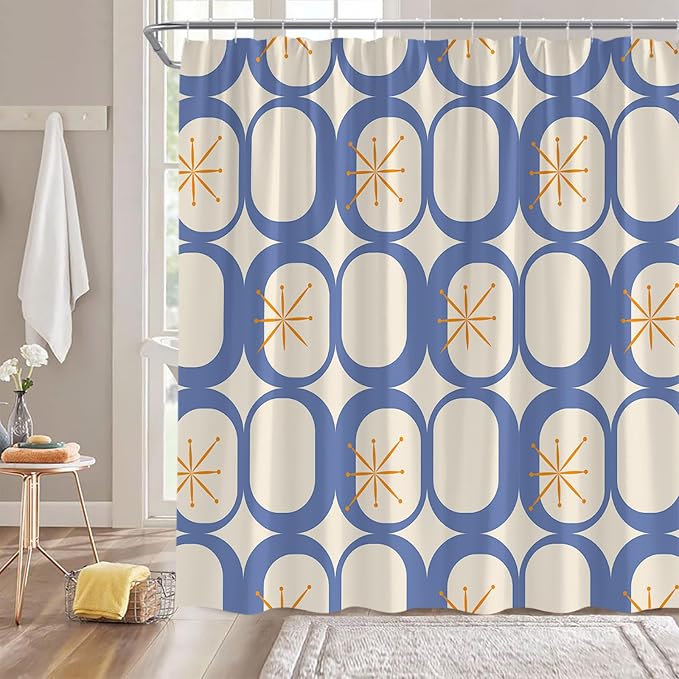 Mid Century Modern Shower Curtain Abstract Atomic Geometric Round Squares Retro 50s Blue Fabric Curtain with Hooks for Bathroom Decor,70x70 Inch