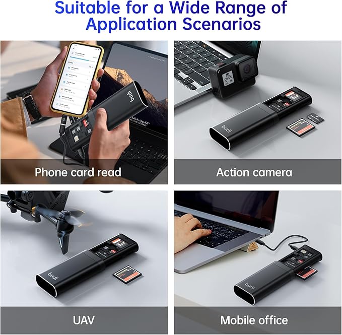 BUDI Multifunctional SD Card Reader, SD/TF/Micro SD/CF/MS/M2 7-in-1 5Gbps High-Speed Memory Card Reader USB 3.0 Type-C Interface Carrying Case Holder for Cameras, Smartphones, Drones, Action Cameras