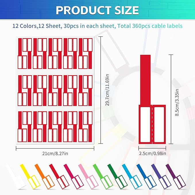 360PCS Cable Labels, 12 Colors Waterproof Cable Tags Wire Cord Label for Electronics Cable Management, Self Adhesive Color Border Cord Labels for Laser Printer and Handwriting