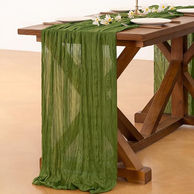 Socomi Olive Green Fall Thanksgiving Cheesecloth Table Runner Boho Rustic Gauze 120 inch 10FT Cheese Cloth Runner for Wedding Party Baby Shower Birthday Home Decor Holiday Decorations