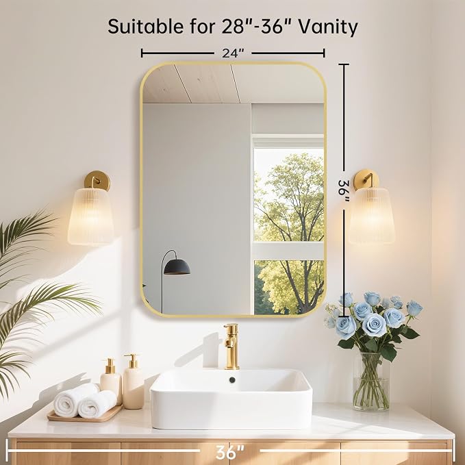 24x36 Inch Gold Bathroom Mirror, Brushed Gold Metal Framed Rectangular Mirror with Rounded Corner, Wall Mounted Vanity Mirror for Bedroom or Living Room, Horizontal/Vertical