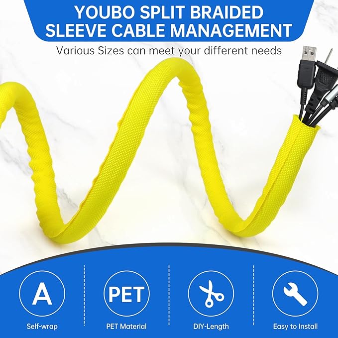 YOUBO Split Braided Cable Sleeve，Flexible Wire Loom Tubing, Automotive Cord Protector Pet Proof, Cable Management for Computer TV Electric Wires Harness 16ft (Yellow, 25mm（1")