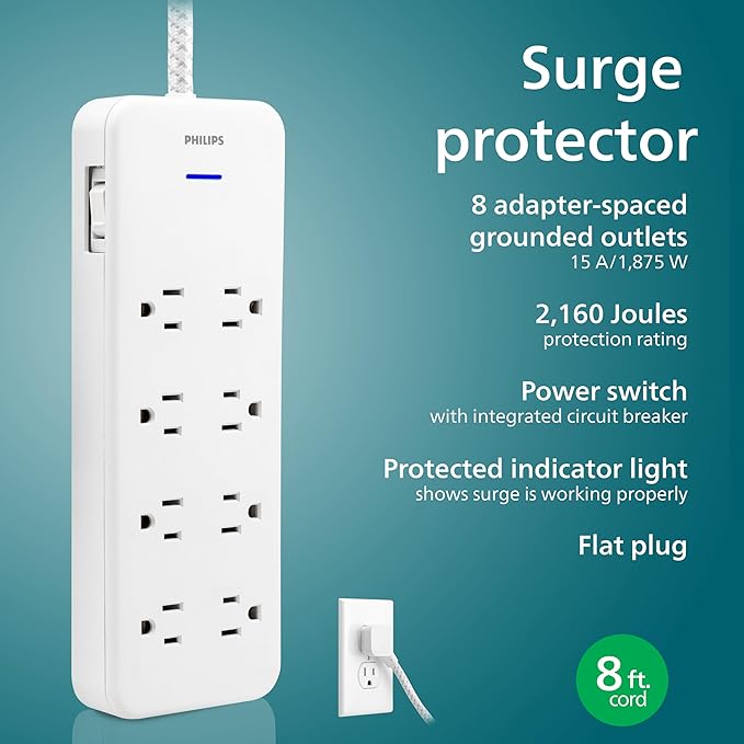 Philips EZFit 8-Outlet Surge Protector Power Strip, 8 Ft Braided Extension Cord, Widely Spaced Outlets, Flat Plug, for Home Office Dorm Essentials, 2160 Joules, White, SPP3673W/37
