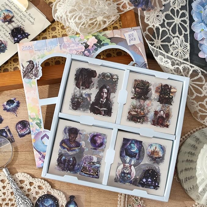 Scrapbook Stickers Set for Adults, 100 Sheets 3.1x3.1 Inches Diecut Dark Academia Theme, Clear PET Stickers for Junk Journaling Supplies, Collage, Scrap Booking, DIY Crats Arts Decorative