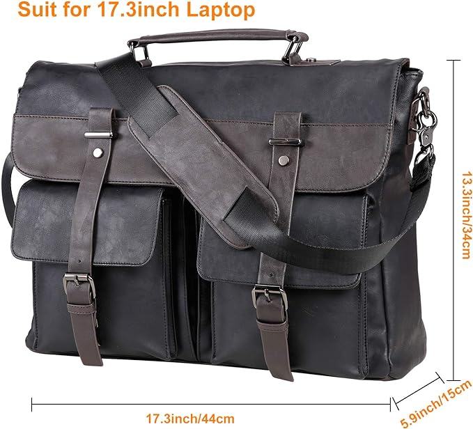 seyfocnia Men's Vintage Black 17.3 Inch Water Resistant PU Leather Laptop Bag, Messenger Bag, Satchel, Briefcase