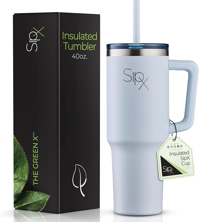 SIPX™ 40 oz Insulated Tumbler with Handle & Straw – Vacuum Insulated Stainless Steel, Leakproof, Cupholder Friendly – Perfect for Iced Coffee, Water & Travel – Blue