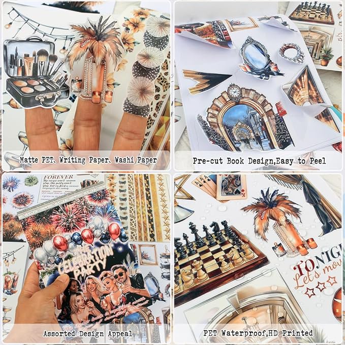 Dwpetzo Celebration Party Scene Scrapbook Sticker Book for Scrapbooking, 20 Sheets Pre-Cut PET Paper Washi Stickers for Journaling, Junk Journal Supplies, Craft Arts, Albumn, Bujo