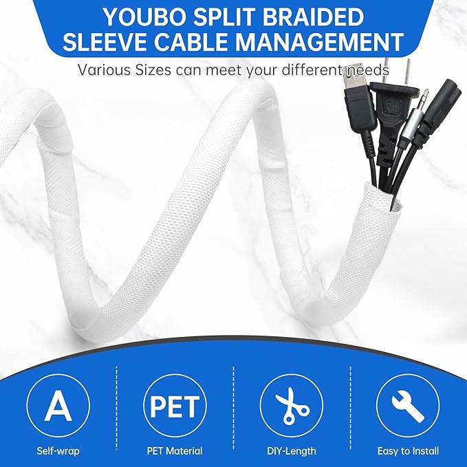 YOUBO Split Braided Cable Sleeve，Flexible Wire Loom Tubing, Automotive Cord Protector Pet Proof, Cable Management for Computer TV Electric Wires Harness 16ft (White, 8mm（5/16")