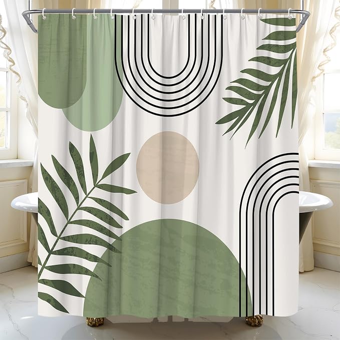 Mid Century Modern Shower Curtain Boho Sage Green Abstract Retro Aesthetic Fabric for Bathroom Decor Bathtub with Hooks (59" WX70 H)
