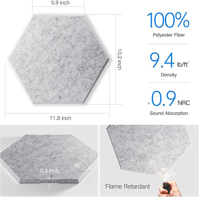 8 Pack Self-Adhesive Acoustic Panels 12" X 10" X 0.4" - Sound Proof Foam Panels for Wall with High Density, Hexagon Design, Flame Resistant, Absorb Noise and Eliminate Echoes(Silver Gray)