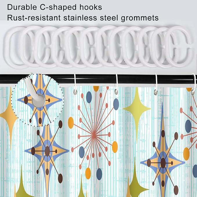 Mid Century Shower Curtain, 36x72inch, Modern Abstract Retro Blue Striped Geometric Shower Curtain Sets 1950s Boho Bathroom Shower Curtain with 6 Hooks