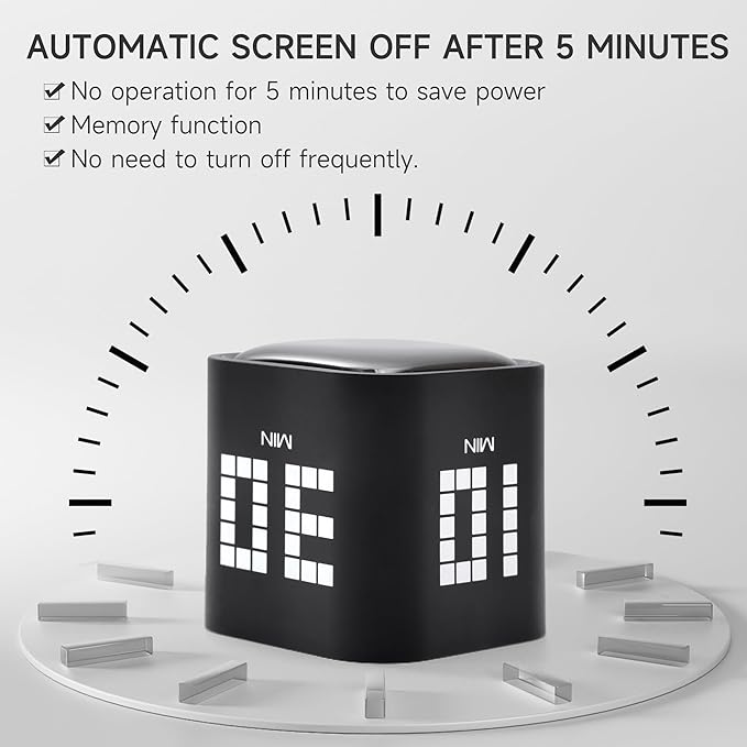 Exlliy Rotating Productivity Timer 5, 10, 30, 60 Minutes Preset, Desk Cube w/Gravity Sensor for ADHD, Mute Functions, Ideal for Work, Study, Kitchen, Back to School (Black)