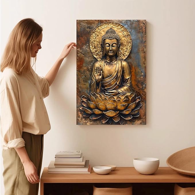 Buddha Wall Art Golden Buddha in Lotus Seat Serene spiritual statue radiant aura Meditation and mindfulness wall art suitable for sacred spaces 20x30in Wood Framed