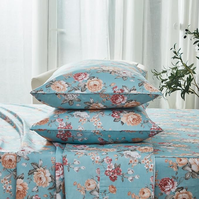 FADFAY Blue Vintage Floral Full Size Sheets Set Premium 100% Cotton Shabby Rose Pattern Cottagecore Bedding Set Deep Pocket Sheets with 2 Pillowcases Luxury Breathable Soft 4Pcs, Full Size