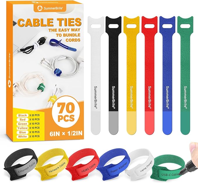 70 Pack Multi-Color Cable Ties 6 Inch with Writable Labels, Reusable Cord Organizer Straps, Hook & Loop Wire Management for Identifying Electronics, Charging Cables, Home Office & PC