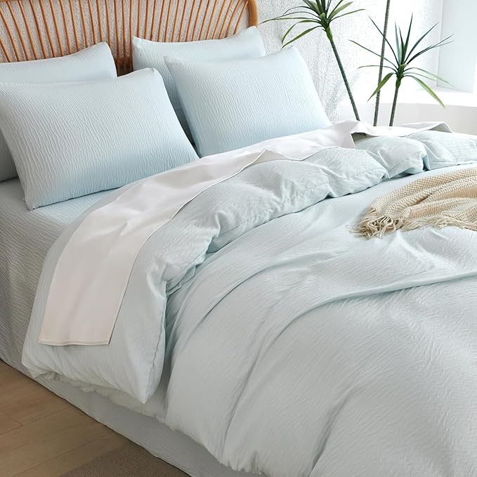 Duvet Cover King Size Glacier Blue, 3 Pieces Double-Layer Crinkle Gauze Soft Bedding for All-Season Lightweight Breathable Comfy with 2 Pillowcases