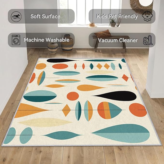 Mid Century Modern Rug 3x5, Washable Geometric Rugs for Living Room Bedroom, Retro Area Rug for Home Decor, Non Slip Backing Floor Carpet with Gripper - 3 x 5 ft