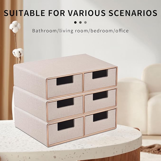 RHCSZ Linen Leather Desk Organizer with Drawers－Mini Desktop Drawer Organizer Stackable－Multifunctional Tabletop Organization Storage Box for Office Supplies Home Vanity Toiletries (Beige, 2-drawers)