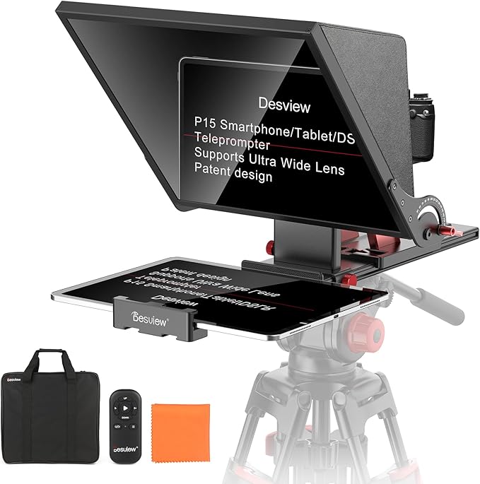 Desview P15 Teleprompter，15 inch Aluminum Alloy Liftable Teleprompter, High Display Glass, Compatible with iPad Tablet Phone DSLR Camera, No Assembly, Carry Case Included, Great for Video Making