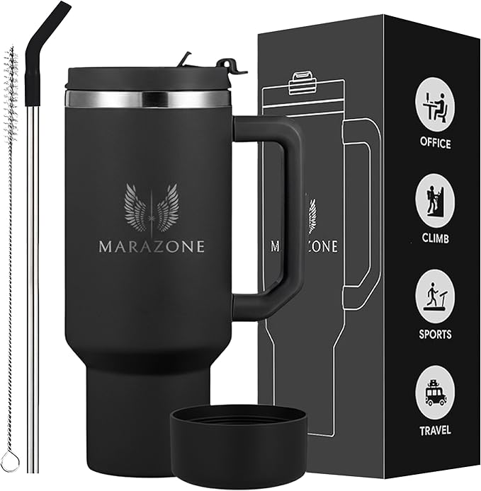 40 oz Insulated Tumbler with Handle and Straw – Stainless Steel Double Wall Vacuum Cup Fits Car Cup Holder, Hot Cold Travel Mug, BPA Free Reusable Water Bottle for Men Women - Midnight Black