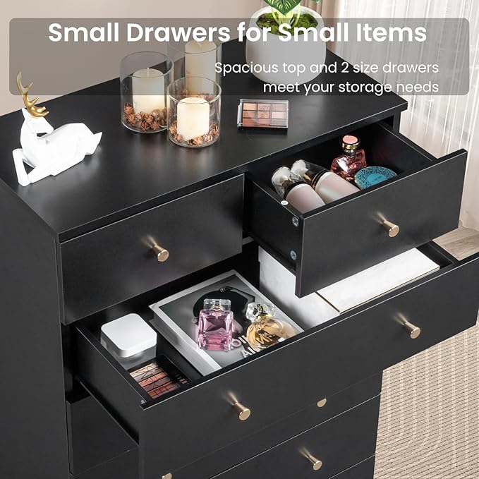 Karl home Black 4 Drawer Dresser for Bedroom, Modern Wood Dresser Chest of Drawers, Bedroom Dressers Nightstand, Anti-Tipping Device, Rose Gold Metal Handle, Living Room, Hallway, Office