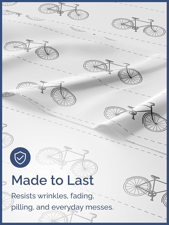 Kids Bikes Twin 3 Piece Sheet Set - Boys, Girls, Teens, Toddler - Easy Fit, Deep Pockets - Breathable, Hotel Quality Bedding Sheets - Machine Washable - Wrinkle Free - Cute, Cozy & Soft - CGK Linens