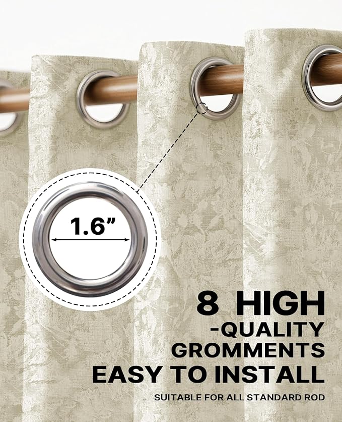 Chenille Floral Blackout Curtains 96 Inch Length 2 Panels Set - Bedroom Living Room Darkening Thermal Insulated Black Out Window Treatments Grommet Jacquard Drapes 52 Inch Wide Beige