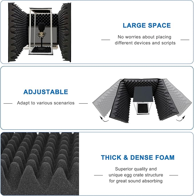 TroyStudio Large Microphone Isolation Shield, Foldable Vocal Booth Reflection Filter, 2 Inches Thick Acoustic Foam Panel Music Sing Podcast Recording Studio Adjustable Sound Box for Desk & Laptop