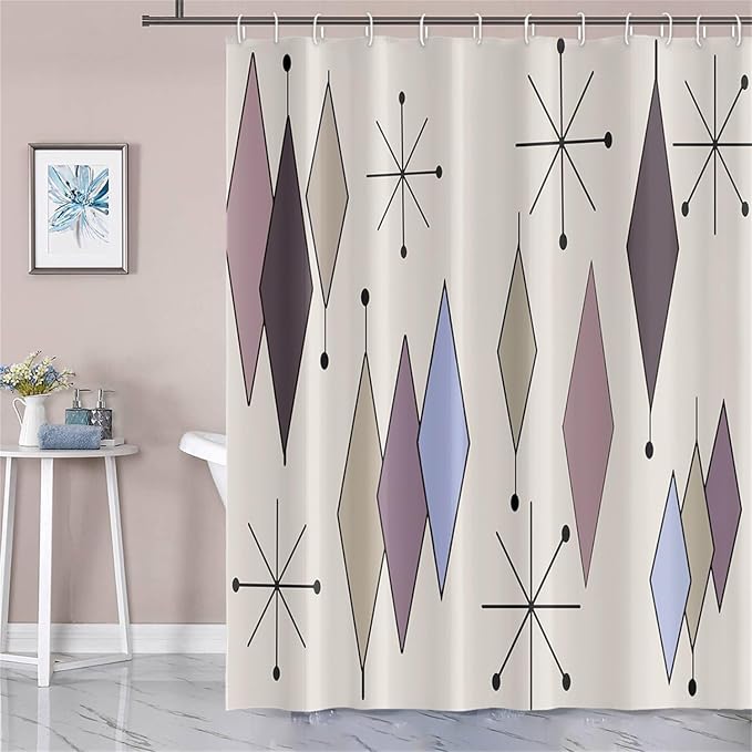 Mid Century Shower Curtain Abstract Purple Diamond Geometric Atomic Starburst Pattern Beige Backdrop for 1950s Retro Bathroom Decor Accessories Shower Curtain Set with 12 Hooks, 72x72 Inches