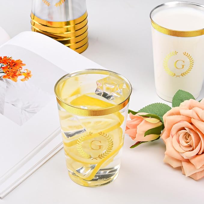 100 Pieces Monogrammed Plastic Cups Gold Foil Letter G Disposable Cups 12 oz Clear Initial Party Cups for Wedding Birthday Baby Shower Personalized Party Drinkware