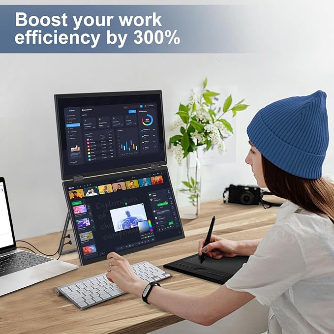 InnoView 2025 15.6" FHD Dual Portable Monitor | All-in-One Foldable & Stackable Design | 315° Screen Adjustment & 180° Stand | USB-C/HDMI Travel Monitor for Laptop, Mac, Windows