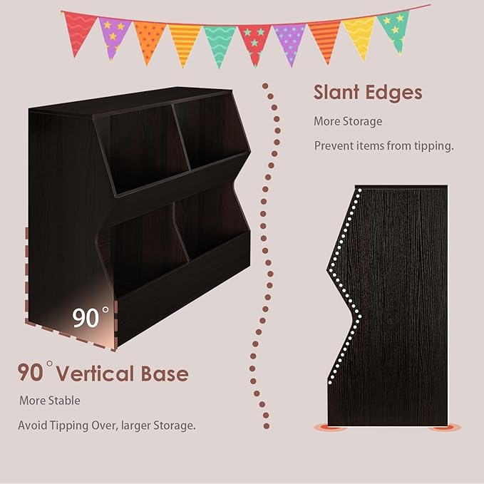 DINZI LVJ Kids Bookshelf, Toy Storage Organizer, Wooden Toy Storage Cabinet, 4 Cubby Children Bookcase, 39.4" L Toddler Book Shelf for Bedroom, Nursery, Hallway, School, Espresso