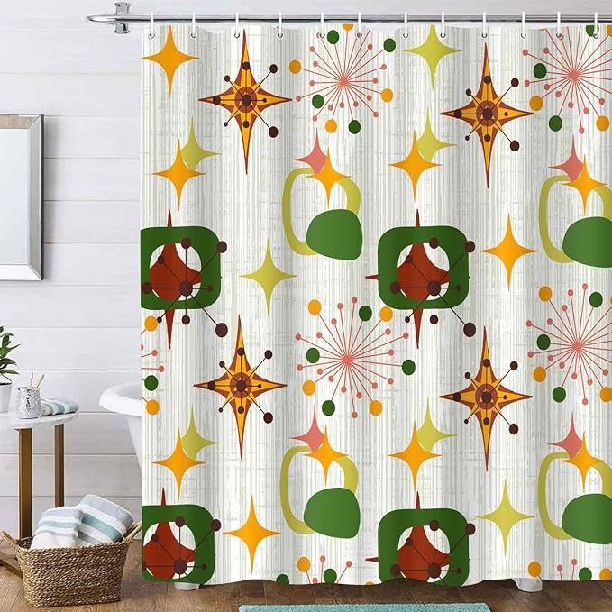 Mid Century Shower Curtain, 60x72inch, Modern Abstract Retro Green Striped Geometric Shower Curtain Sets 1950s Boho Bathroom Shower Curtain with 10 Hooks