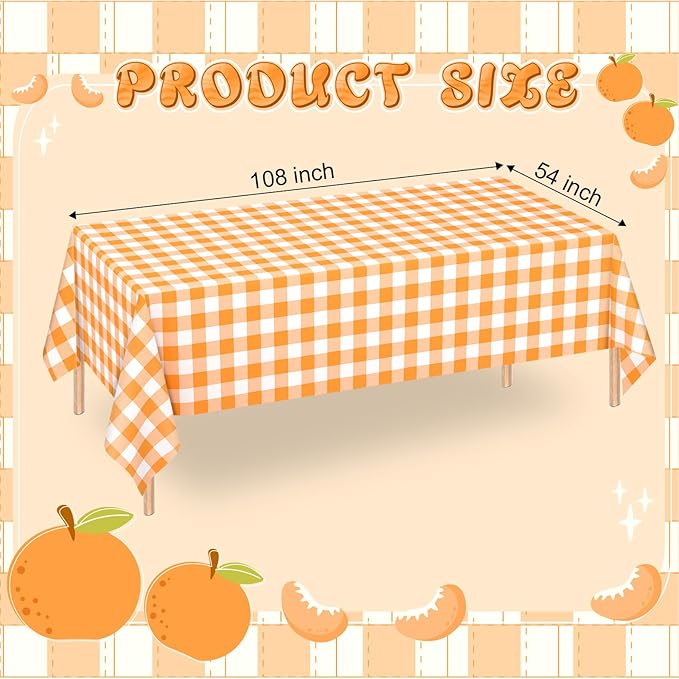 WNINK 6 Pack Orange and White Checkered Rectangular Plastic Tablecloths, Orange Gingham Waterproof Disposable Table Covers 54" x 108" for Birthday, Wedding, Outdoor Picnic Camping Parties