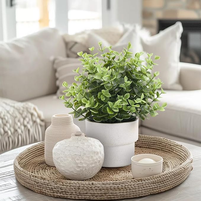 Coferset Small Fake Plants 7.45” Eucalyptus Potted Artificial Eucalyptus Plant for Home Bathroom Office Farmhouse Restroom Shelf Desk Mantel Coffee Table Decor (Green)
