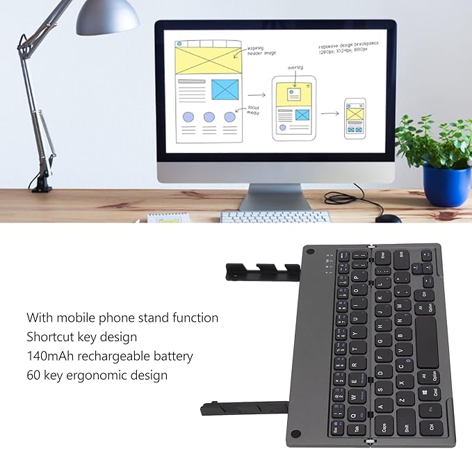 Vvikizy Foldable Laptop Keyboard, Portable Wireless BT Keyboard with 140mAh Battery and Phone Holder, for iOS Tablets Laptops