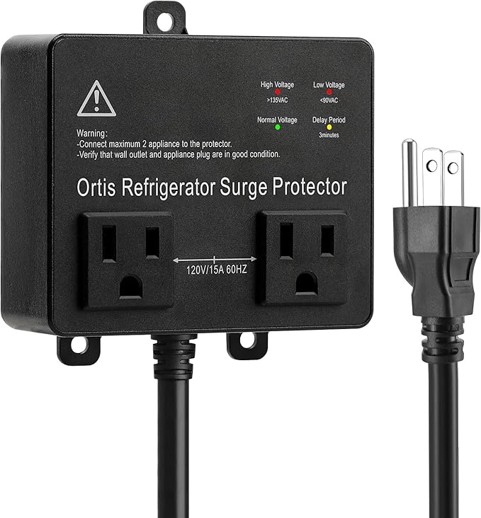 Refrigerator Surge Protector, Ortis Double Outlet Voltage Protector for Home Appliances TV Washer with Time Delay, Protects Against Brownout, Spike, Instant Surge All Voltage Abnormalities