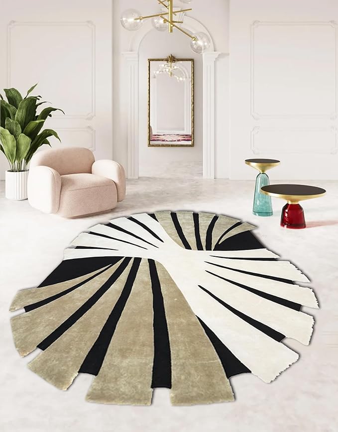 Contemporary Aesthetic Geometic Art Deco Abstract Rug 7x9 Brown Black White Stripes Washable Area Rug for Living Room Bedroom Nursery Shaggy Carpet Under Dining Coffee Table Non Slip Easy Clean Mats