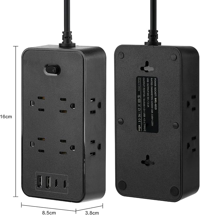 10FT Power Strip Extension Cord Surge Protector with 8 Outlets and 2 USB & 2 USB-C Port(5V 3.1A),Bold Extension Cord with Fuse Surge Protected Power Strip for Home Office (Black)