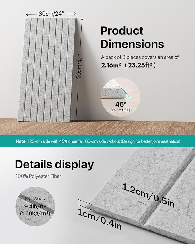 Soundproof Wall Panels Self-Adhesive, 3 Pack Large Acoustic Panels 47.2"x23.6"x0.35" High Density Sound Proof Panels for Walls, Noise Absorbing for Home Studio, Office, Game Room